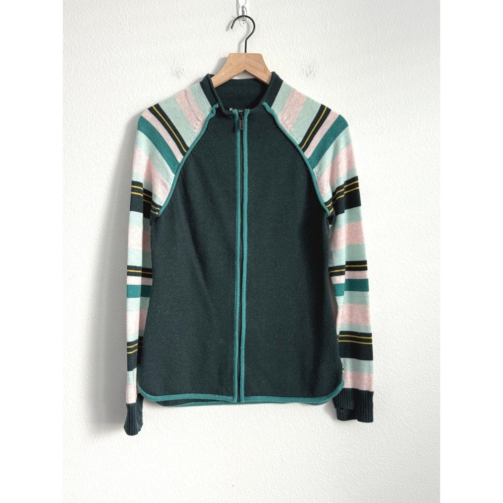 Smartwool Dacono Ski FullZip Sweater Jacket Green Pink Striped Merino Wool Blend